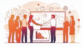 Minimalist line art illustration of a business networking event featuring professionals shaking hands in front of data dashboards and charts, symbolizing collaboration and analytics-driven decision-making.