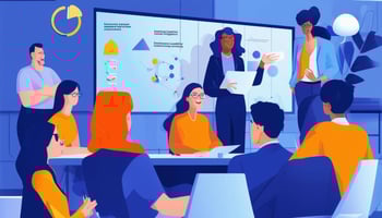 An image of a diverse group of people in a work setting, engaged in conversation, sharing ideas, and collaborating on a project.
