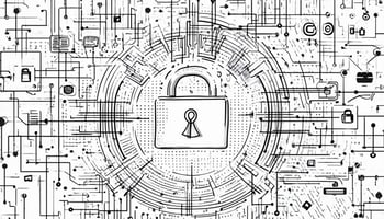 Abstract black-and-white illustration of a central padlock surrounded by interconnected circuits and digital icons, symbolizing data privacy, security, and audience ownership in a digital world.