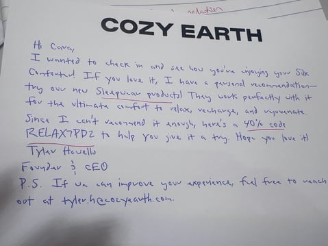 Handwritten note from the founder and CEO of Cozy Earth as a customer engagement strategy.