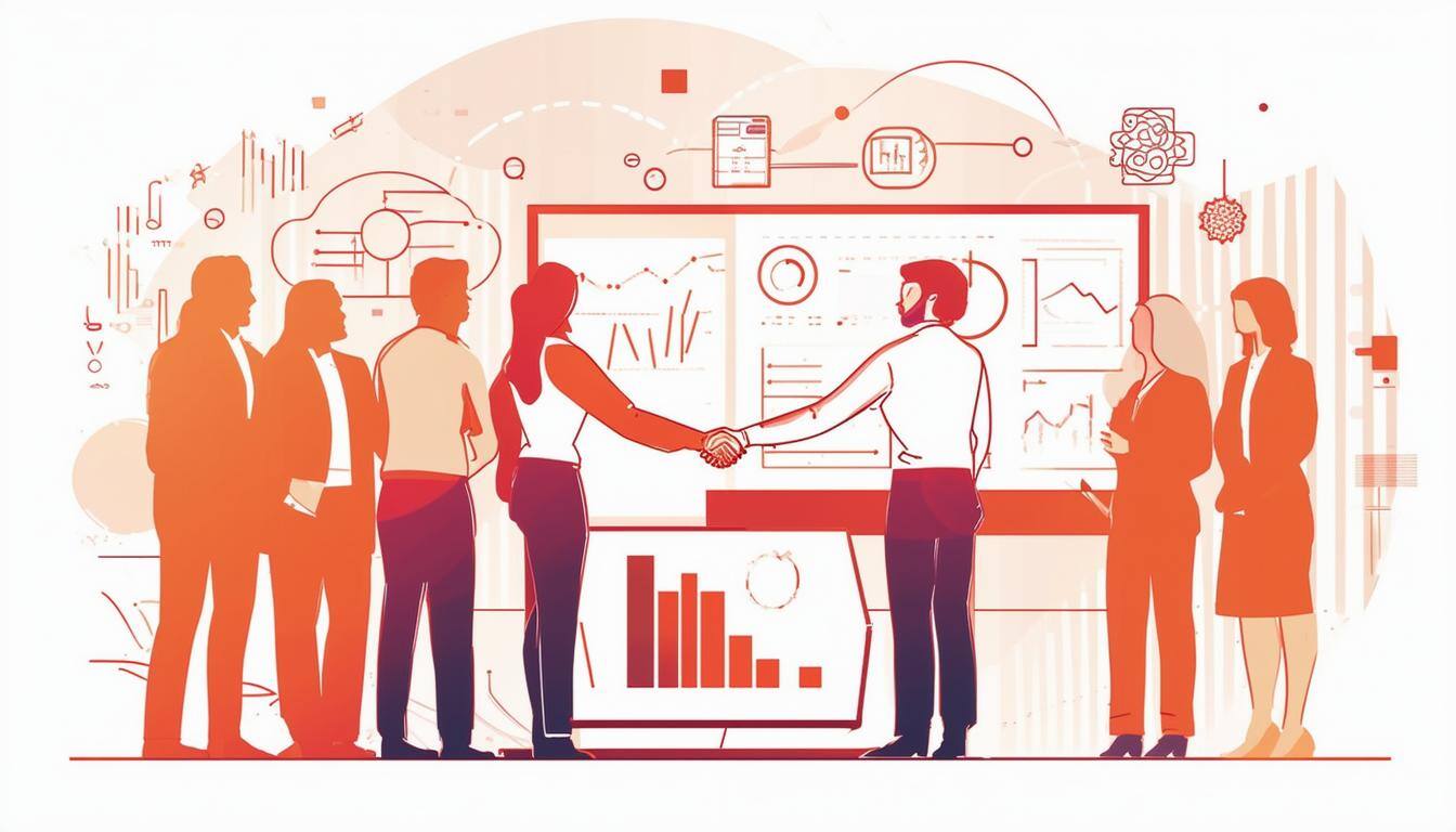 Minimalist line art illustration of a business networking event featuring professionals shaking hands in front of data dashboards and charts, symbolizing collaboration and analytics-driven decision-making.