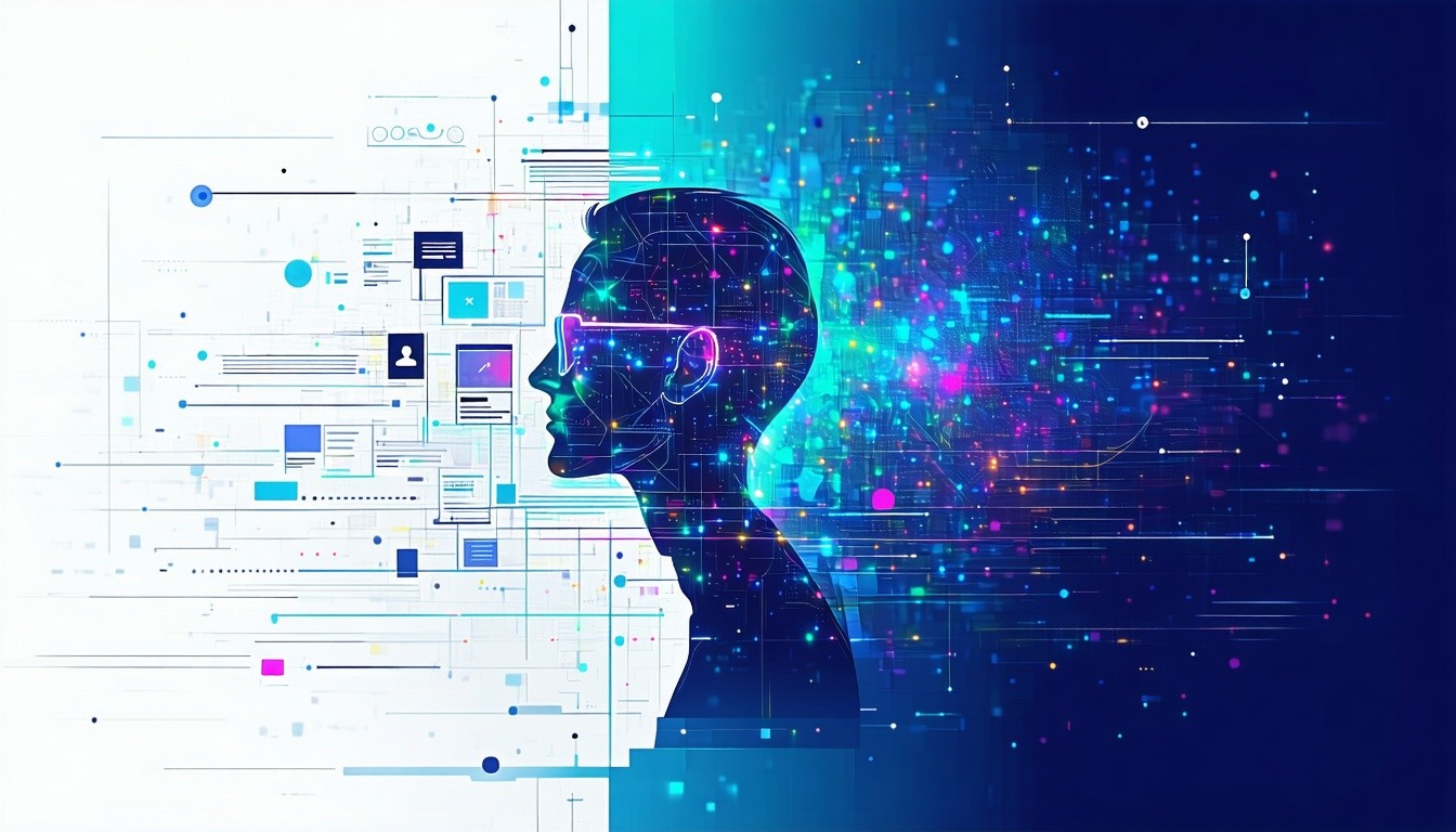 A human profile with futuristic glasses merging with digital and AI-driven elements, symbolizing the fusion of personalization and technology.
