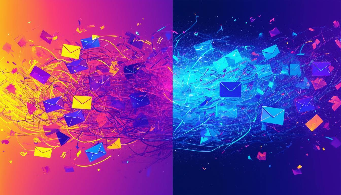 “A vibrant, high-energy digital abstract composition illustrating the chaotic nature of ineffective sales outreach to agencies.