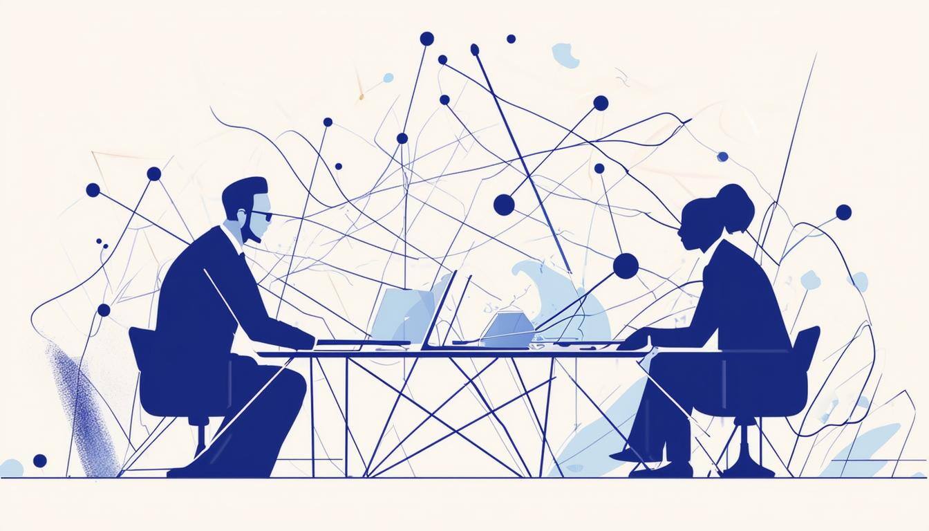 Illustration of two professionals seated at a table with laptops, surrounded by abstract, interconnected lines symbolizing complexity and collaboration, in a clean blue and neutral color palette.
