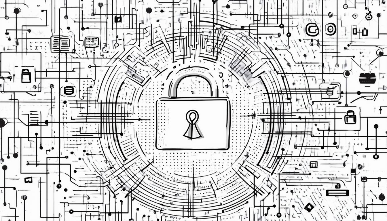 Abstract black-and-white illustration of a central padlock surrounded by interconnected circuits and digital icons, symbolizing data privacy, security, and audience ownership in a digital world.