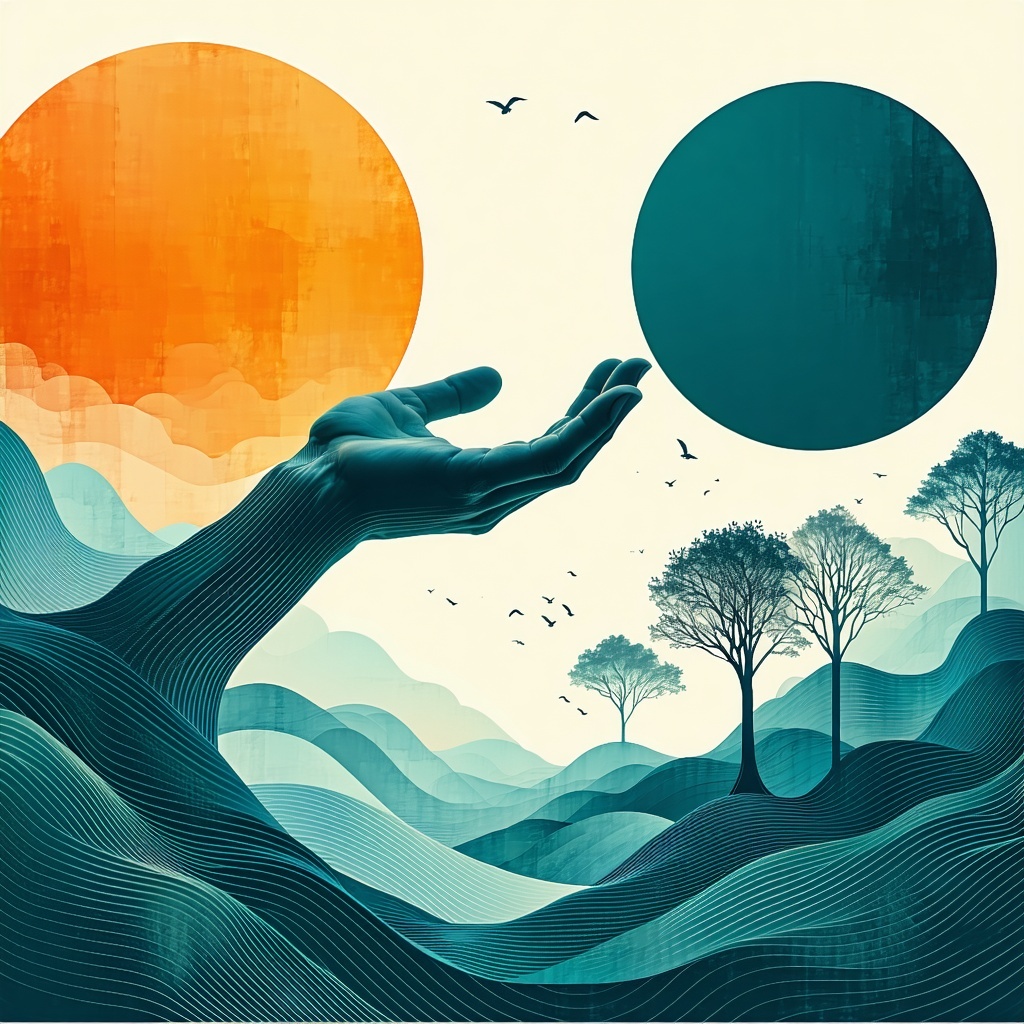 Abstract art blending organic lines with digital shapes to symbolize human-AI connection.